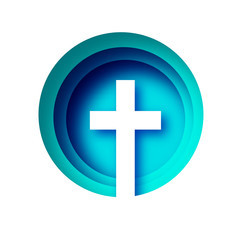 Fototapeta premium He Is Risen. Easter Banner. Christian cross in paper cut style on blue background. Circle frame.