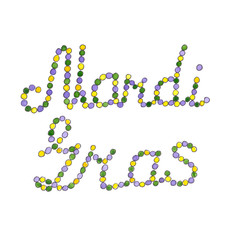 Hand drawn colorful MARDI GRAS text, letters made of yellow, green and violet beads. Watercolor lettering isolated on white background.