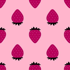 Strawberry pattern. Seamless repeated fruit design. Red berry background. Flat cartoon style. Great for kitchen, tablewear, fabric, textile. Vector