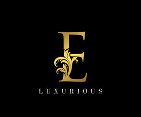 Golden E Luxury Logo Icon, Vintage Royal Gold E Letter Logo Design.