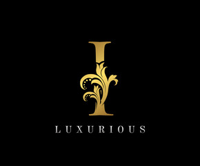 Golden I Luxury Logo Icon, Vintage Royal Gold I Letter Logo Design.