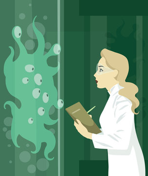 Original conceptual illustration of a female scientist examining a strange alien creature in a lab