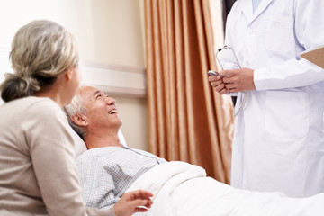 asian elderly man lying in bed talking to doctor in hospital ward