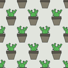 Vector seamless pattern with cactuses in pots; doodle home plants design for fabric, wallpaper, textile, wraping paper, package, web design.