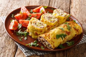 Traditional brisol egg roll with meat, cheese and pickles close-up in a plate. horizontal