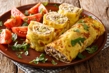 Close-up of brisol stuffed with meat, cheese and pickled cucumbers in a plate. horizontal