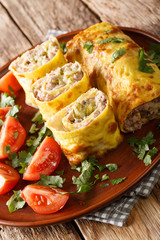 omelet roll stuffed with meat, cheese and pickles close-up in a plate. vertical
