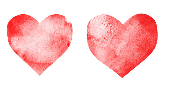 Two watercolor hearts on white as background
