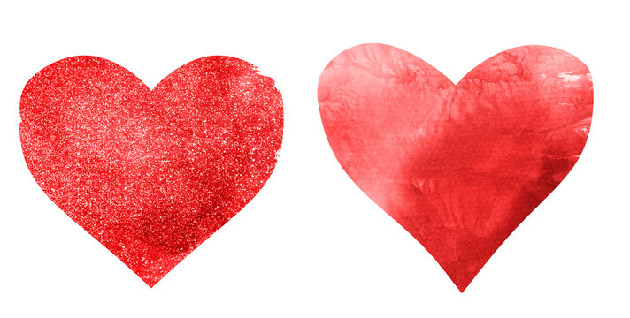 Two watercolor hearts on white as background