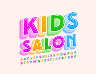 Vector stylish logo Kids Salon. Colorful 3D Font. Bright Alphabet Letters and Numbers.