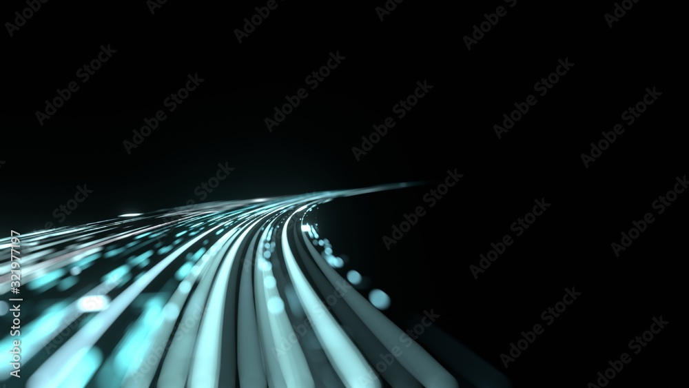 Wall mural 3d rendering of curved blue light path trail with bokeh blur effect. concept of way to success, busi