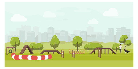 Agility track in city park flat illustration. Dog playground vector. Woman training dog in public park. Training equipment: barriers, swing, tunnel, slalom.