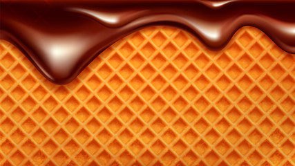 Wafer Cake With Flowing Down Chocolate Vector. Wafer Biscuit For Ice Cream Or Cracker. Crispy Baked Delicious Dessert With Syrup. Confectionery Waffle Texture Concept Layout Realistic 3d Illustration