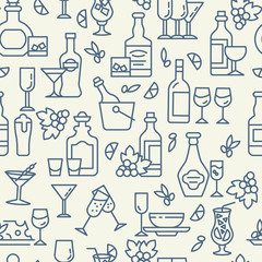Bar menu icons pattern. Alcoholic beverages seamless background. Restaurant Drinks Seamless pattern vector illustration