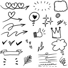 Hand drawn set elements, black on white background. Arrow, heart, love, speech bubble, star, leaf, sun,light,check marks ,crown, king, queen,Swishes, swoops, emphasis ,swirl, for concept.