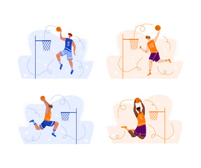 Basketball players jumping with ball on sport playground, muscular athletic men or sportsmen in uniform training - banner set for sport academy website, app, flat people - vector