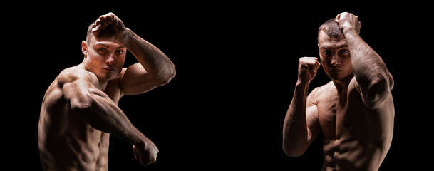 Professional boxer posing in the studio. Split two portraits. The concept of sport, boxing, healthy...