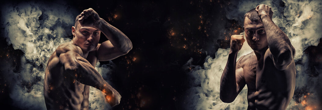 Professional boxer posing in the studio. Split two portraits. The concept of sport, boxing, healthy lifestyle, mma.