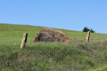Hay Stack in a Kansas pasture with a limestone fence north of Lucas Kansas USA.