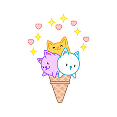 Cute cat ice-cream. Illustration of a sparkling ice-cream looks like three kawaii kittens sitting in a waffle cone. Vector 8 EPS.
