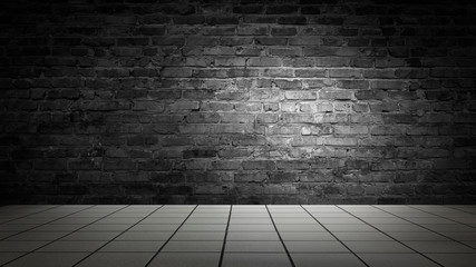 background of an empty black room, a cellar, lit by a searchlight. Brick black wall and wooden floor