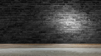 background of an empty black room, a cellar, lit by a searchlight. Brick black wall and wooden floor