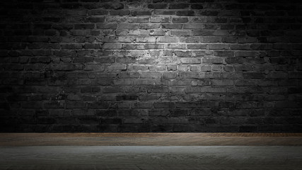 background of an empty black room, a cellar, lit by a searchlight. Brick black wall and wooden floor