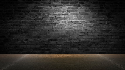 background of an empty black room, a cellar, lit by a searchlight. Brick black wall and wooden floor