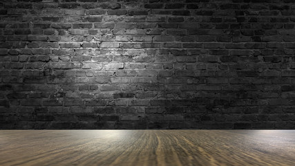 background of an empty black room, a cellar, lit by a searchlight. Brick black wall and wooden floor