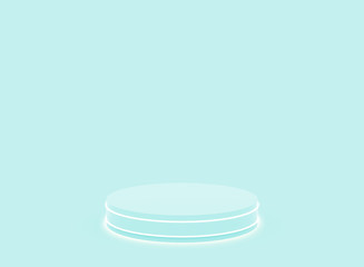 3d blue neon light cylinder podium minimal studio blue bright background. Abstract 3d geometric shape object illustration render. Display for technology product.
