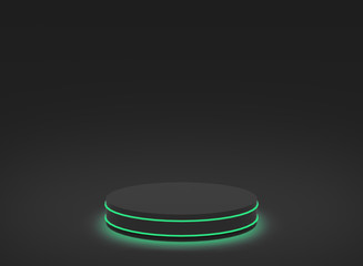 3d green neon light with black cylinder podium minimal studio dark background. Abstract 3d geometric shape object illustration render. Display for technology and business game product.
