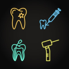 Dental treatment icon set in neon line style