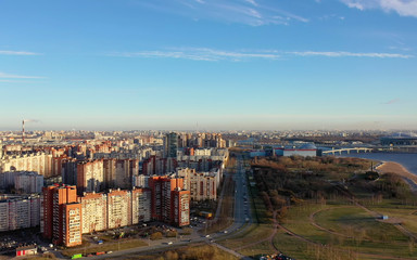Fototapeta premium Aerial view of the city and park of the 300th anniversary of St. Petersburg.