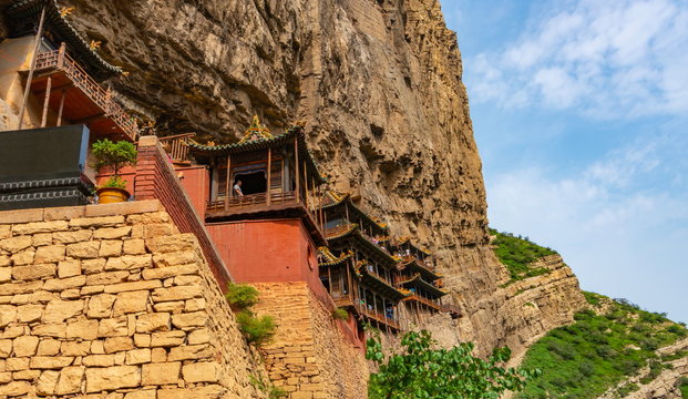 Famous chinese hanging monastery made by Northern Wei Dynasty. Xuankong Temple in Shanxi Province near Datong, China - 08/13/18