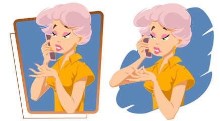 Girl gossips. Businesswoman talking by phone. Funny people.