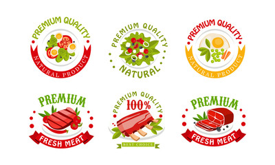 Natural Product Premium Quality Logo Collection, Fresh Meat Best Choice Bright Badges, Labels Vector Illustration