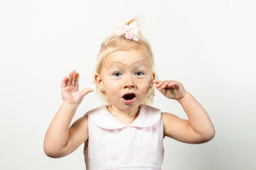 Little girl with a surprised face on a light background. Banner. Concept little model, princess, surprise