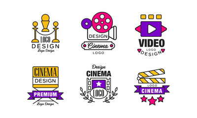 Cinema Retro Logo Design Templates Collection, Bright Original Vintage Cinematography Badges Vector Illustration