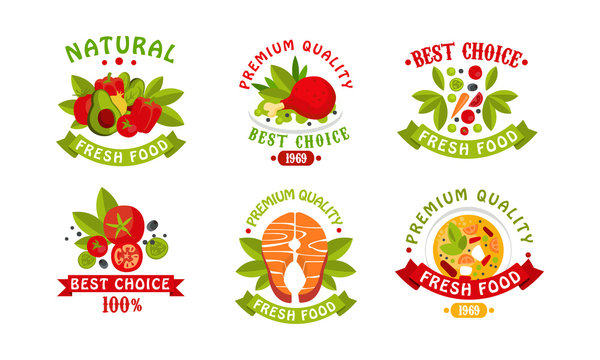 Natural Fresh Food Logo Collection, Fresh High Quality Products Bright Badges, Labels Vector Illustration