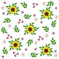 Seamless pattern of sunflowers and leaves with other decorative elements, white background, vector illustration