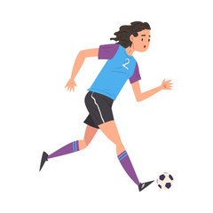 Fototapeta na wymiar Girl Playing Soccer, Young Woman Football Player Character in Sports Uniform Running with Ball Vector Illustration