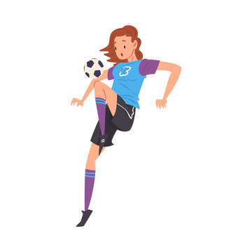 Girl Playing Soccer, Young Woman Football Player Character in Sports Uniform Kicking the Ball Vector Illustration