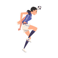 Girl Soccer Player Character, Young Woman in Sports Uniform Playing Football, Female Athlete Heading the Ball Vector Illustration