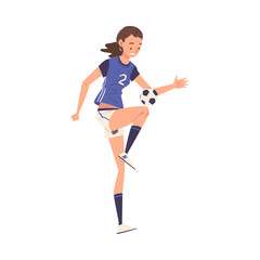 Girl Soccer Player Character, Young Woman in Blue Sports Uniform Playing Football, Female Athlete Kicking the Ball Vector Illustration