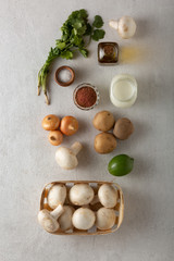 Vegetables and spices on a light concrete background. Concept vegetarian cooking.