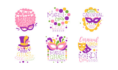 Fototapeta na wymiar Mardi Gras Logo Design Collection, Colorful Carnival Festive Labels Vector Illustration