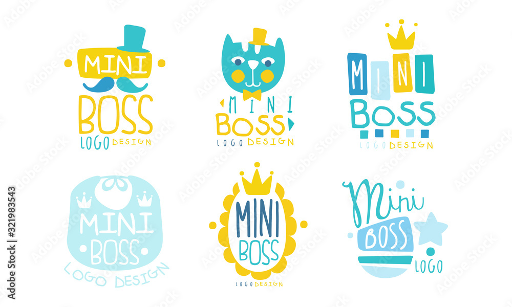 Wall mural Mini Boss Logo Design Templates Collection, Cute Colorful Childish Hand Drawn Labels Vector Illustration