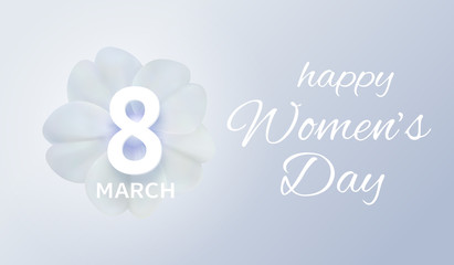 March 8. International Women's Day banner. Vector spring holiday illustration. Paper cutout number eight on white primrose flower. Greeting card in origami style. Love, women, femininity concept