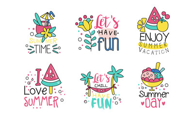 Summer Time Logo Design Templates Collection, Lets Have Fun, Enjoy Summer Vacation Cute Colorful Labels Vector Illustration