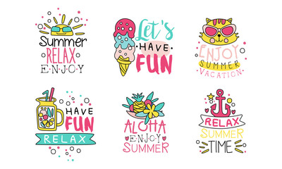 Enjoy Summer Vacation Logo Design Templates Collection, Relax Summer Time, Lets Have Fun Cute Colorful Labels Vector Illustration
